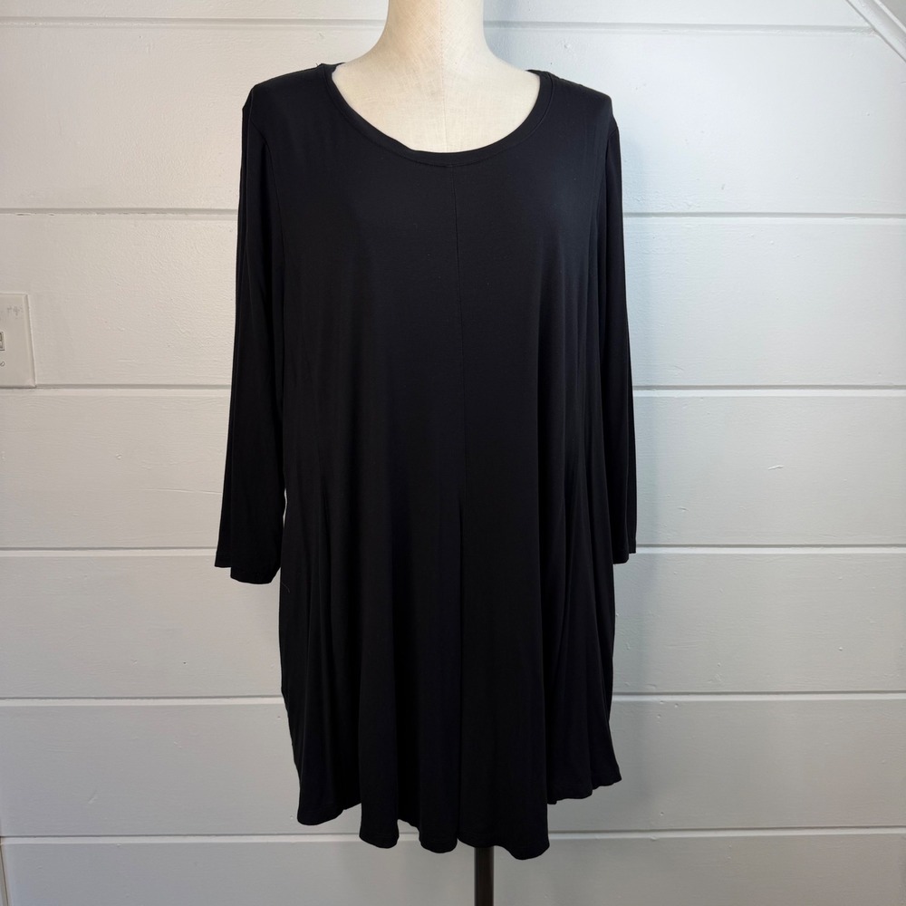 LOGO Lori Goldstein 3x Black Tunic Shirt w Pockets 3/4 Sleeves Pleated Lagenlook